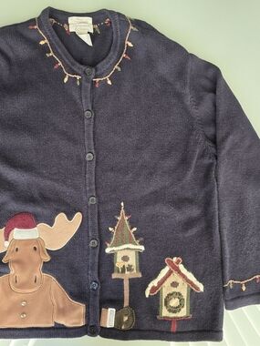 Vintage Christopher & Banks Hand Embroidered Moose Christmas Cardigan XL